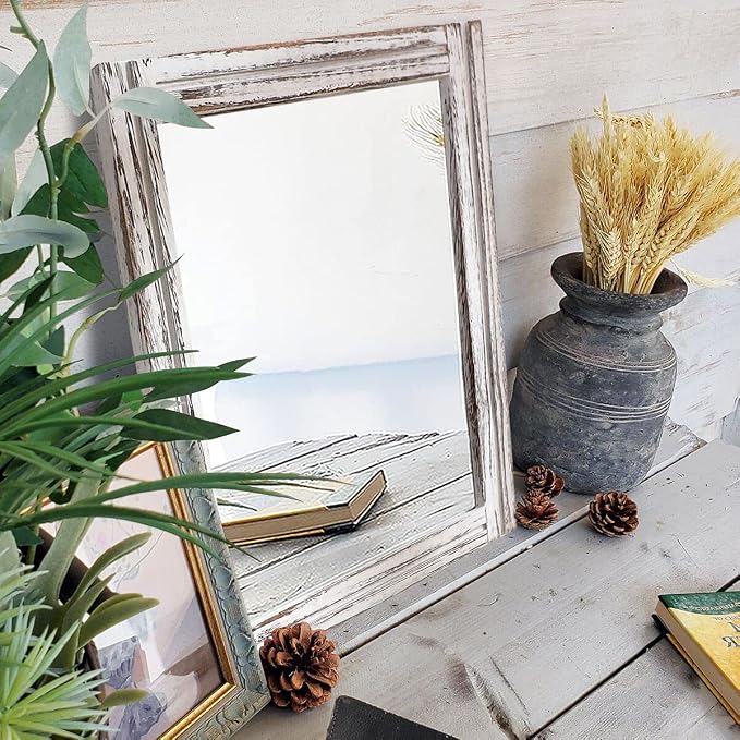 AAZZKANG Rustic Wall Mirror Rectangle Wood Framed Large 20"x16" | Decorative Hanging Mirrors for Bedroom Bathroom Living Room Home Entryway White