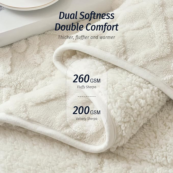Weighted Blanket for Adults Queen Size 15 lbs 60" x 80" Cream White | Boost Sleep Quality, Relax Body & Mind, Dual Sided Soft Fuzzy Heavy Throw Blankets, Jacquard Knitted, Chunky Warm Fluffy