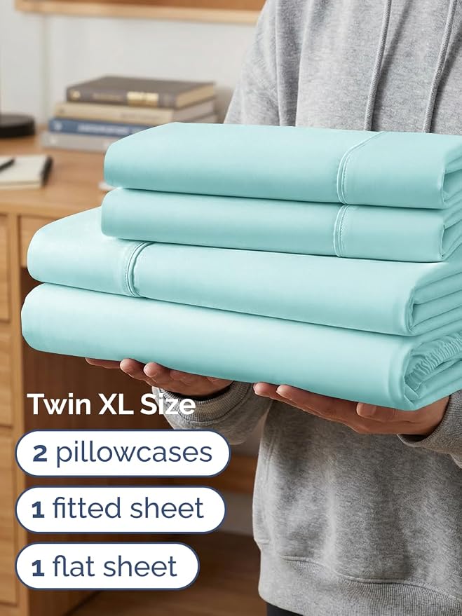Extra Deep Twin XL Sheet Set - 4 Piece College Dorm Room - Spa Blue | College Dorm Room Essentials, Easy & Secure Fit, Ultra-Soft, Wrinkle & Fade Free, Comfy Sheets Set with Extra Deep Pockets