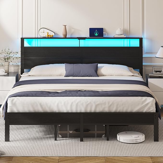 King Size Bed Frame with LED Lights and Charging Station | Black Metal Platform Bed with Wood StorageHeadboard, Sturdy Slats, No Box Spring Needed, Noise Free, Easy Assembly