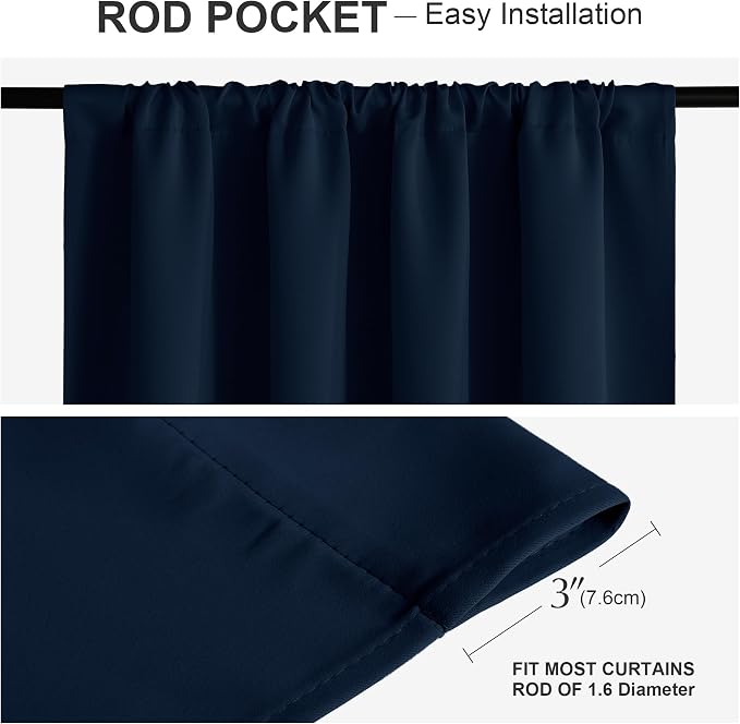 PONY DANCE Short Curtains for Kitchen Window - Home Decor Rod Pocket Thermal Insulated Window Treatments Light Block Panels for Bathroom, 42 W x 30 L, Navy Blue, Set of 2