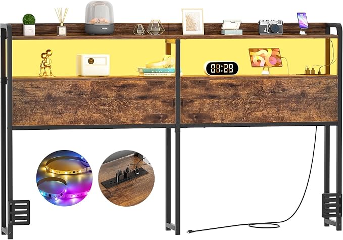 Aheaplus Headboard for Queen Size Bed Frame, Headboards with Outlets, USB Ports and LED Light, Head Board with Storage, Height Adjustable, Sturdy and Stable Headboard, Queen Size, Rustic Brown