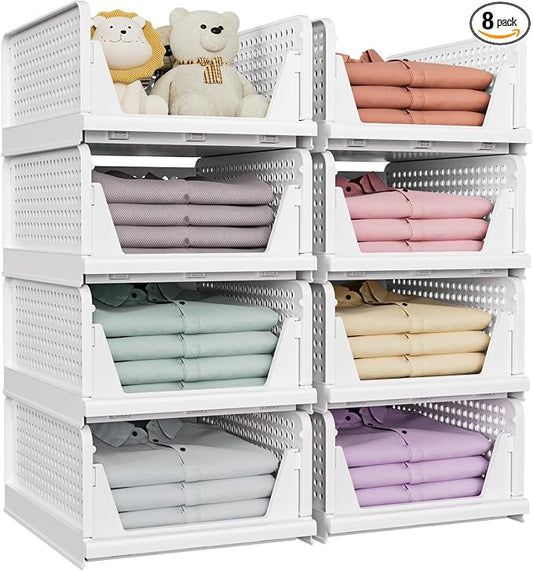 8 Pack Closet Organizers and Storage, Stackable & Foldable Closet Bins | Closet Storage Basket for Bathroom, Kitchen, Laundry Room, Drawer Shelf & Wardrobe Storage, Space-Saving Design, White