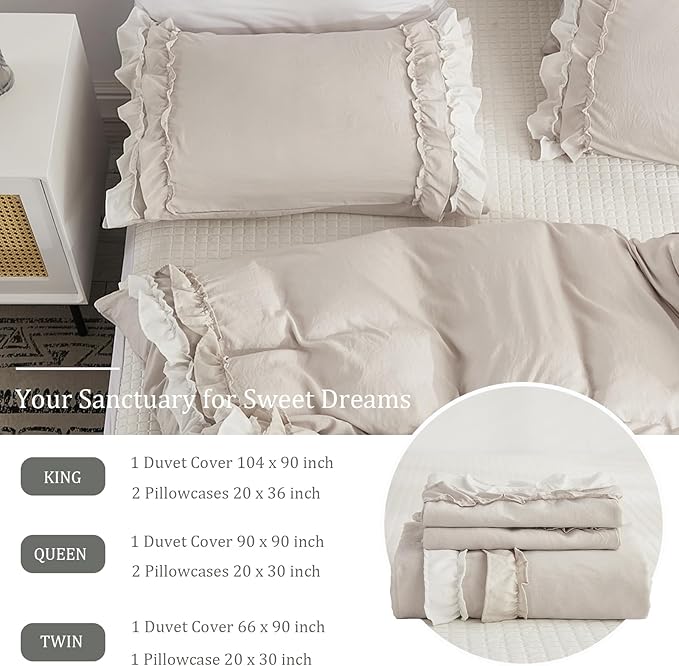 Bedorm Beige Duvet Cover Set King Ruffle Bedding Set Pleat Ruffled Shabby Chic Comforter Cover Extra Soft & Easy Care White Boho Duvet Cover with Zipper Closure
