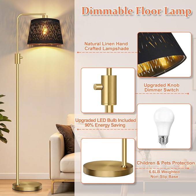【Upgraded】 Dimmable Gold Floor Lamp, 1000 Lumens LED Edison Bulb Included, Arc Black Floor Lamps for Living Room Modern Standing Lamp with Black Grid Shade, Tall Lamps for Living Room Bedroom Office