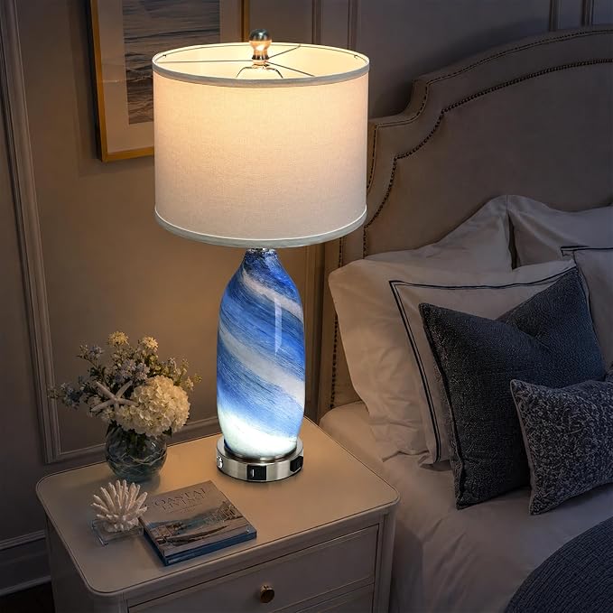Rinweey 26" Grey-Blue Glass Table Lamps Set of 2,Coastal Lamps Nautical lamp with USB A+C Ports & AC Outlet,Bedside Lamps with 3-Way Dimmable-Night Light for Bedroom Living Room,Grey-Blue