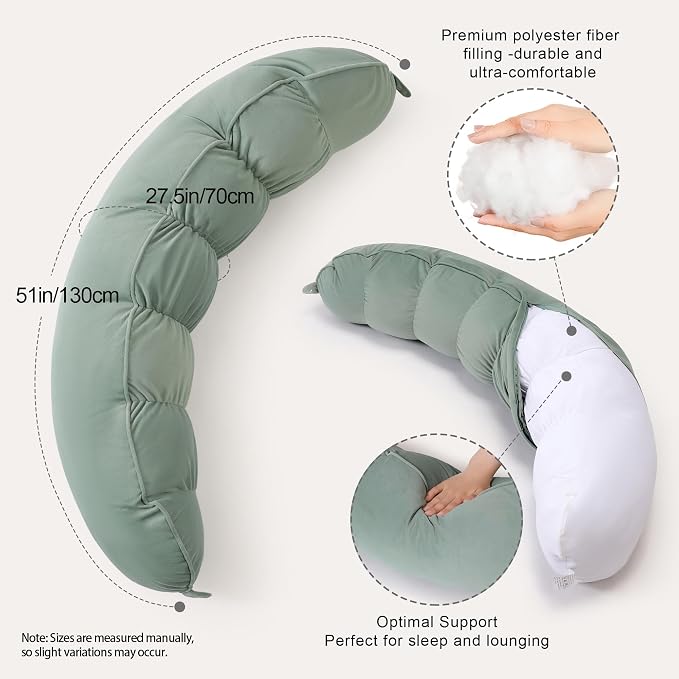 Peallow(Pat. Pend) – Long Round Body Pillow for Adults, Bolster Pillow for Sleeping, Soft and Supportive Pillow for Sleeping & Lumbar Support(Willow Green,39")
