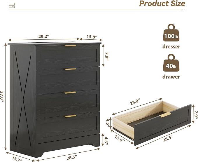 FTZxHKLX Modern Wide Wooden Chest of Drawers, Dresser for Closet, Black | Deep Drawer Dresser with Rose Gold Handles, Small Nursery Dresser with Anti-Tip Design for Living Room, Children's Room