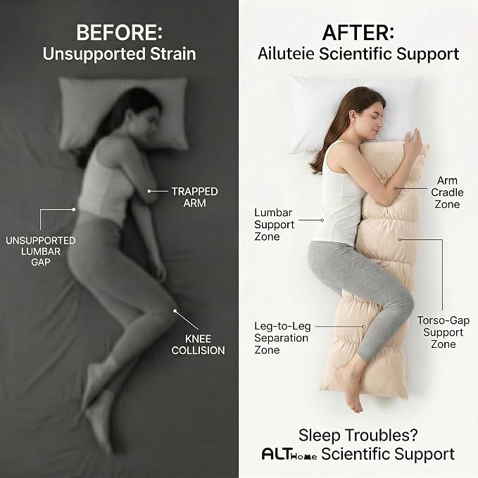 Pat. Pend. Segmented Body Pillow for Side Sleepers, 59 Inch, Beige | Full body pillow for adults with a removable, washable soft velvet cover; segmented long bed pillow for side sleeping.