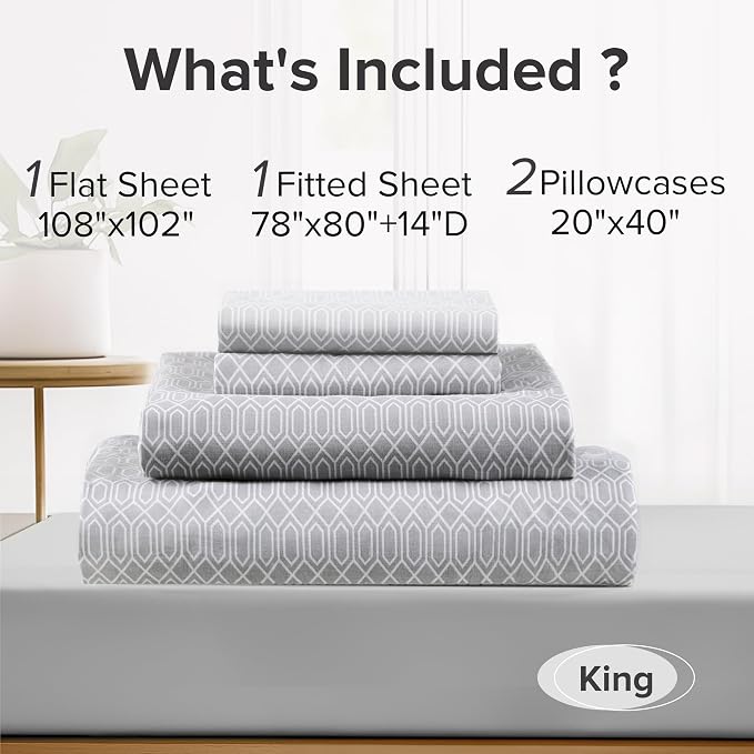 Comfort Spaces 100% Cotton Percale Sheets King Size 4 Pcs, Diamond Grey | Crisp, Cool & Breathable Bed Sheets, 14" Deep Pocket Fits Up to 16" Mattress, Lightweight, All Season Cozy, with Pillow Case