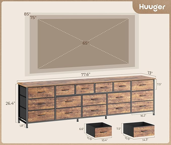 Huuger 77.6" Long Dresser for Bedroom, 16 Drawer Fabric Dresser for Closet, Wide Chest of Drawers with Storage, TV Stand for 65, 75, 85 Inch TV, 77.6" W x 13" D x 26.4" H, Rustic Brown