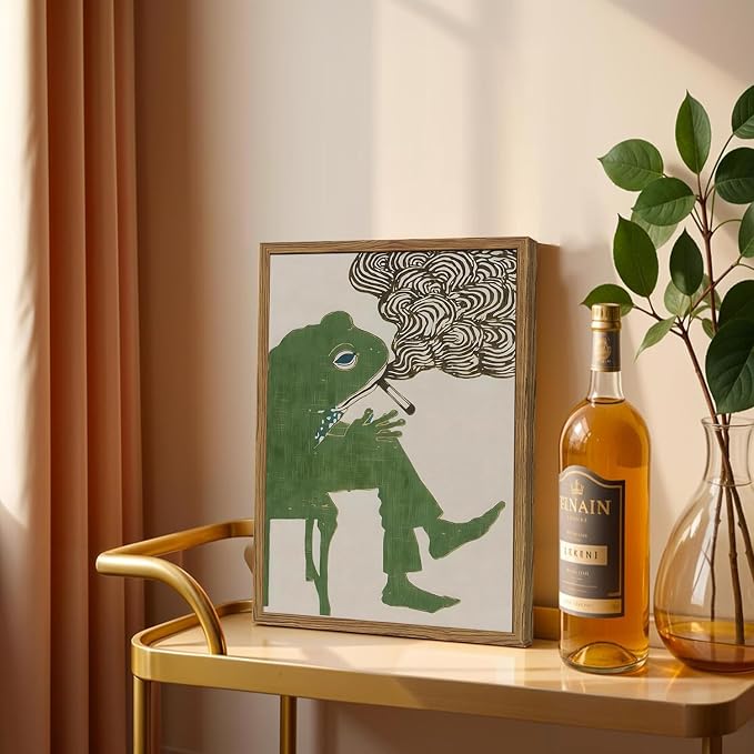 Funny Frog Smoking Wall Art Whimsical Green Frog Wall Decor Painting Cute Animal Bar Cart Poster Canvas Prints for Bedroom Living Room 16x24 inch Wood Framed
