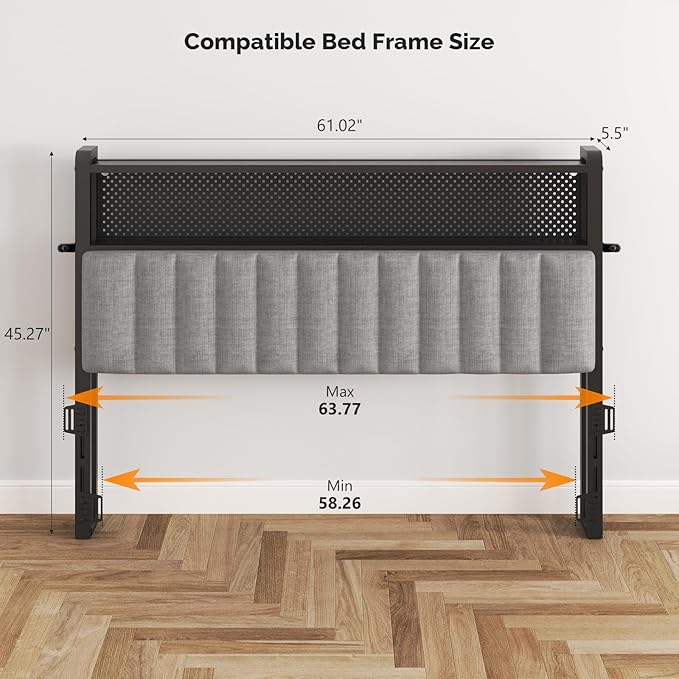 VINGLI Queen Size Headboard Only, Adjustable Upholstered Headboard with 2 Tier Shelves and Pegboard with Charging Stations and LED Lights, Modern Bed Headboard with Storage for Bedroom Decor