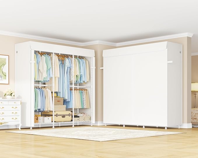 ULIFHOME E14C Heavy Duty Closet Organizer System，Freestanding Clothing Racks for Hanging Clothes，Adjustable Garment Rack 58" W × 16" D × 77" H Hold 860 lbs，White Rack with White Cover