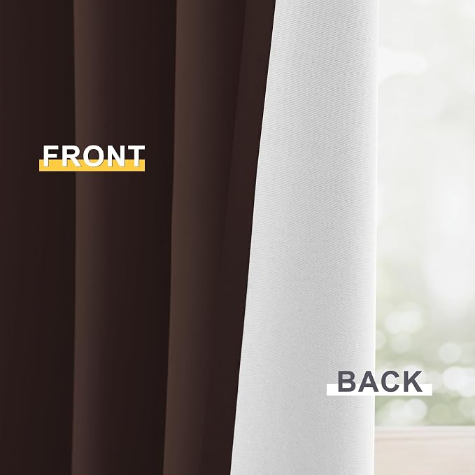 Yakamok Brown 100% Blackout Curtain Panels 63 inches, 50" Wide, 2 Panels | Blackout Curtain Panels for Bedroom, 2 Thick Layers Grommet Top Thermal Insulated Drapes with White Back for Living Room