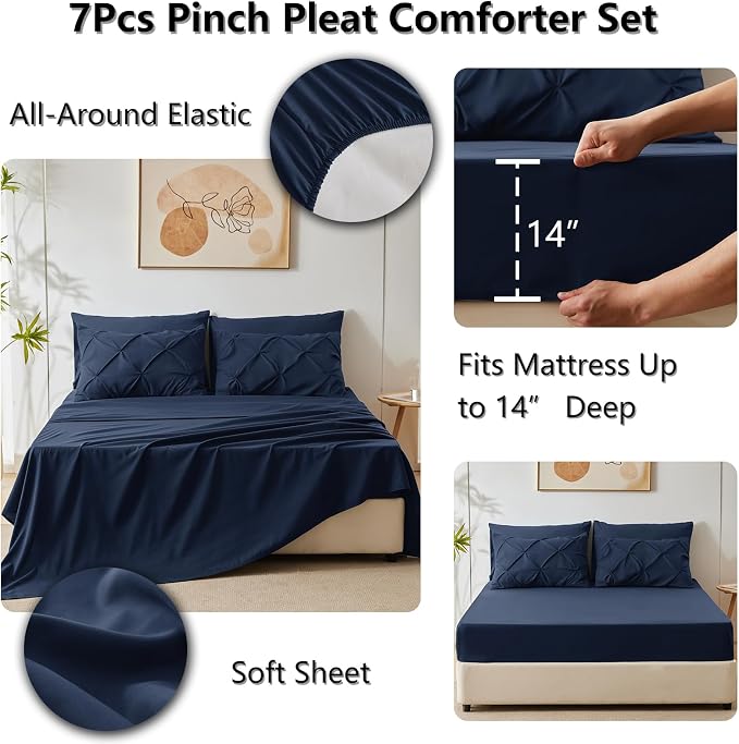 HIMEET Queen Comforter Set Navy Blue - 7 Pieces Pintuck Bed in a Bag | OEKO-TEX Certified, 240GSM Down Alternative Comforter, 14" Deep Pocket Fitted Sheet + Flat Sheet + 2 Pillowcases + 2 Shams