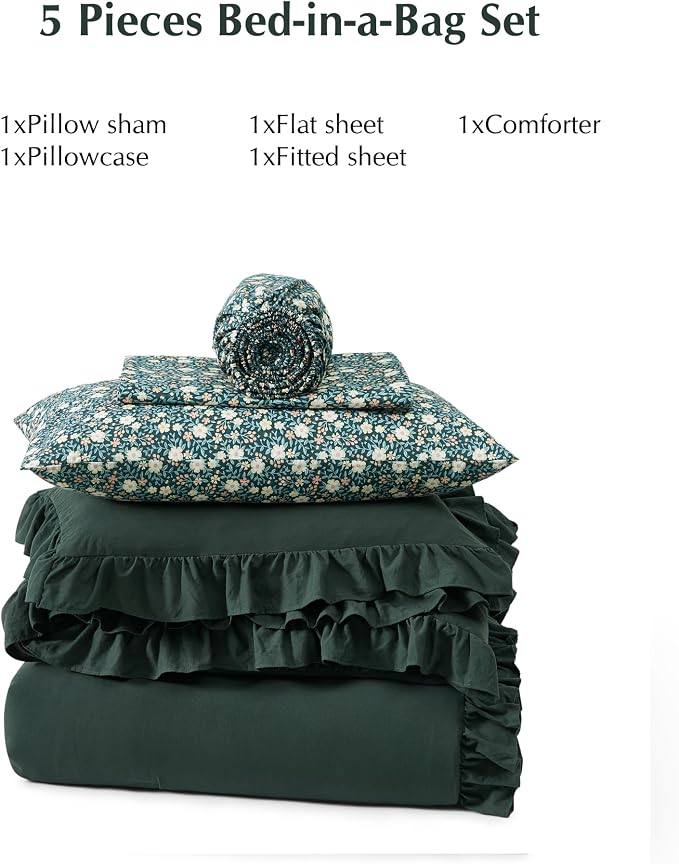 Twin XL Comforter Set-5 Pieces Ruffle Bedding Floral Sheet | Forest Green Bed in a Bag, Soft Lightweight All Season Farmhouse Twin XL Bedding Set with Floral Sheets, Pillowcases & Shams