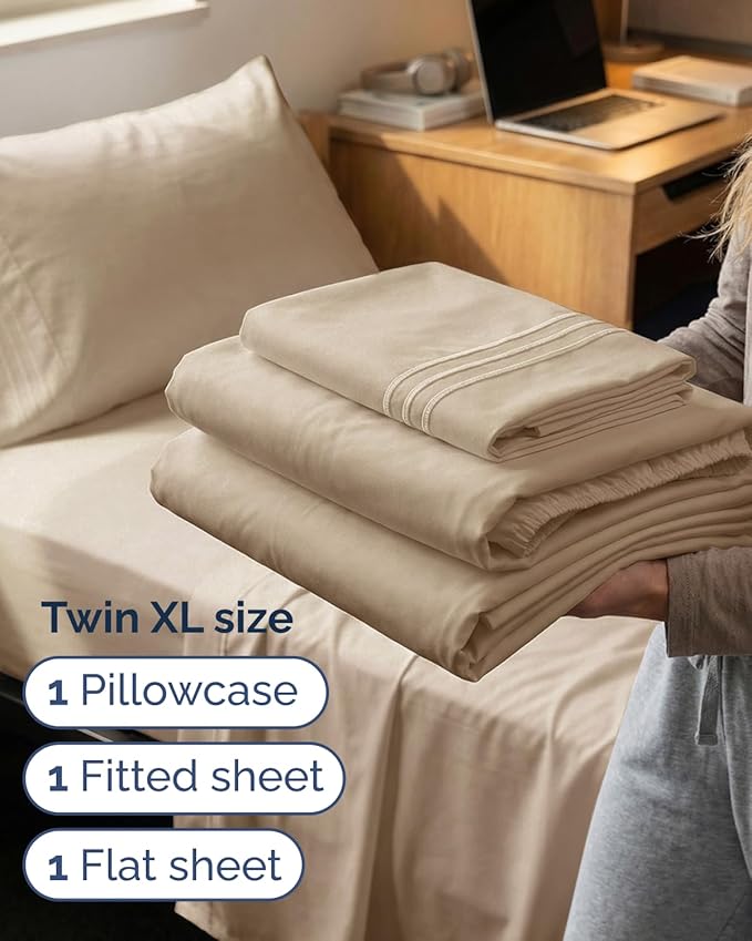 Twin XL 3 Piece Sheet Set - College Dorm Room Essentials - Cream | Deep Pocket Bed Sheets for Women, Men, Teens & Students, Soft, Cooling, Breathable & Wrinkle Free, Oeko-Tex Bed Sheet Set