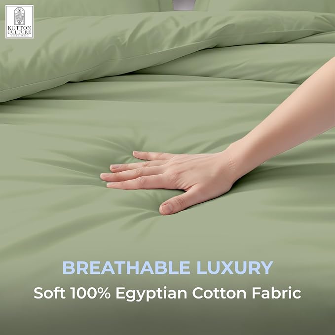Kotton Culture 3 Pc Duvet Cover King Size Set-100% Egyptian Cotton 600 Thread Count Ultra Soft Premium Durable Comforter Cover Zipper Closure & Corner Ties - (Moss Green, 104" X 94")