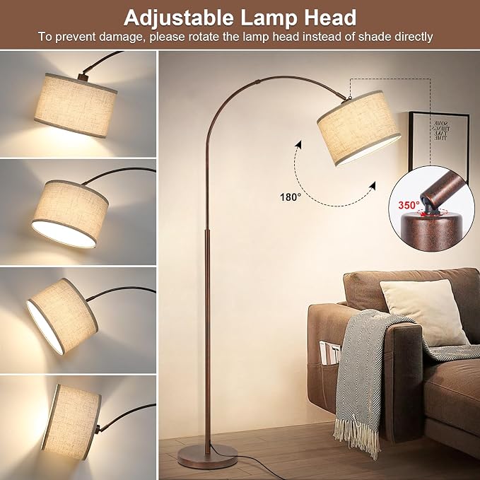 Floor Lamp for Living Room, Vintage Arc Floor Lamp with Adjustable Lamp Head, Tall Pole Lamp with On/Off Pedal Switch, Over Couch Arched Reading Light for Bedroom, Office, Study Room (Antique Bronze)