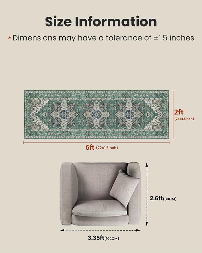 AMADA HOMEFURNISHING 2x6 Washable Runner Rug, Low-Profile Kitchen Rugs with Non-Slip Backing & Durable Edge Binding, Vintage Entryway Runner Rug for Bedroom & Hallway