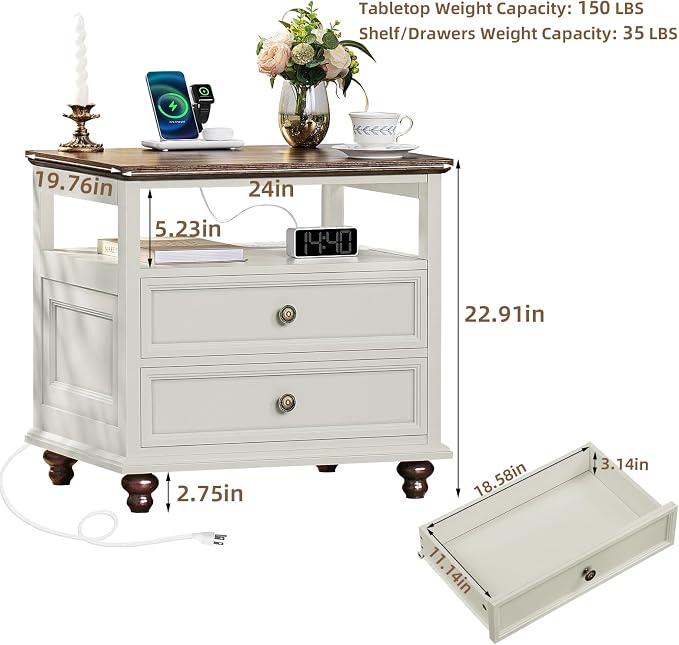 Joaxswe Farmhouse Nightstand Set of 2 with Charging Station, 24" Wide End Table with 2 Drawers,Dresser for Bedroom,Bed Side Table Chest of Drawers Cabinet,Wood White Night Stand for Living Room