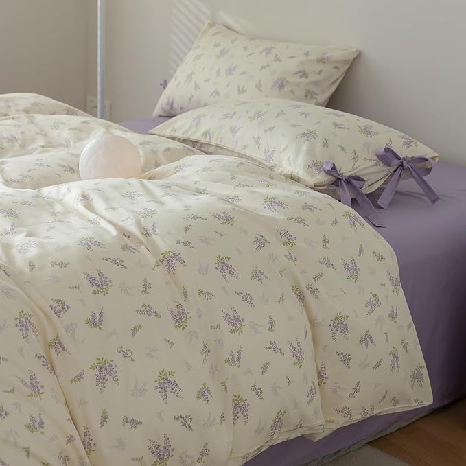 mixinni Lavender Flower Duvet Cover Queen Cotton Teenage Girls Flower Leaf Print 3pc Soft Cottage Ribbon Bedding Set Comforter Cover with Bowknot Pillowcase Perfect for Girls- (3pcs, Queen Size)