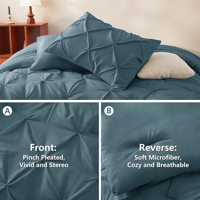 Twin XL Comforter Set Mineral Blue, 5 Pieces Pintuck Bed in a Bag | College Dorm Essentials, OEKO-TEX 100 Certified, 240GSM All Season, Down-Alternative Comforter, Sheets, Pillowcase & Sham