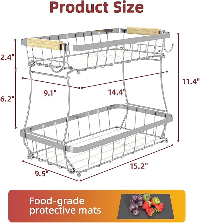 Sevenblue 2-Tier Fruit Basket with Banana Hangers, Detachable Metal Bowl | Wooden handle, protective mats included. Versatile holder for bread, snacks, and veggies. Extra Large 2 tier metal design.