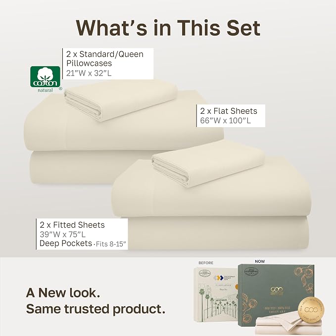 California Design Den 2 Pack 600 Thread Count Twin Size Bed Sheet Sets | 100% Cotton Sateen Backed by Good Housekeeping Seal, Soft & Smooth, All-Around Elastic, Easy Care - Cream (Warm Ivory)