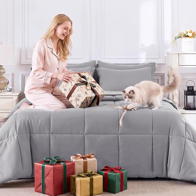 Queen Comforter Set, 7-Piece Bed in a Bag, Grey | OEKO-TEX Certified, Box-Stitched Design, 240 GSM Down Alternative Fill, All-Season Comfort, Sheets, Pillowcases & Shams