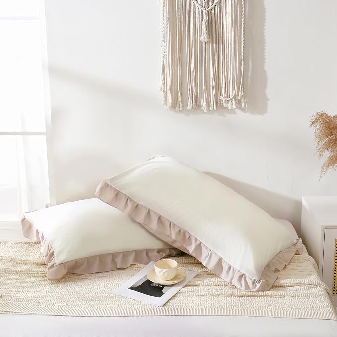 Merryword Beige Pillow Ruffled Shams White and Beige Reversible Standard Pillowcases Cute Pillow Cover Set of 2 Soft Shabby Chic Pillowcases 2 Pack (Queen (20''x30''), White Beige)