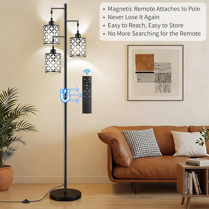 72" Dimmable Floor Lamp with Remote & Timer, Industrial Farmhouse Rustic Standing Lamp for Living Room Bedroom, 3 Individually Controlled Heads, 2 Height Options, 3 x LED Bulbs Included