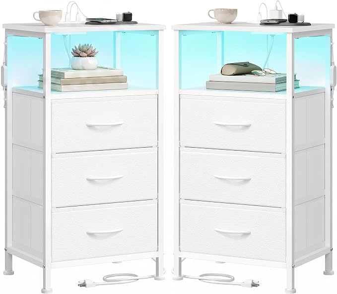 SONGMICS BELLAH Collection - Set of 2 Nightstand with Charging Station and App-Controlled Adjustable LED Lights, Bed Side Tables, 3 Drawers, Cloud White and Snow White ULGS203W101S