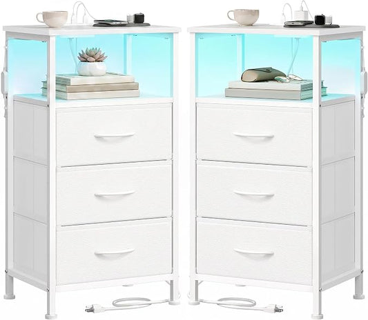 SONGMICS BELLAH Collection - Set of 2 Nightstand with Charging Station and App-Controlled Adjustable LED Lights, Bed Side Tables, 3 Drawers, Cloud White and Snow White ULGS203W101S