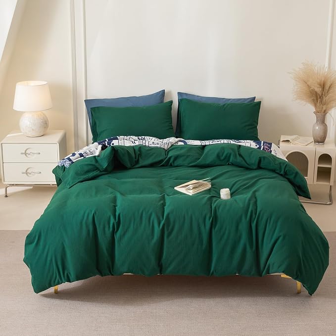 BDEAR 3Pcs Forest Green Duvet Cover Set Queen Size 90" L x 90" W, Oeko TEX | 100% Washed Cotton, 1 Duvet Cover with 2 Pillowcases, Zipper Closure, 8 Corner Ties,Linen-Liked Texture, Skin Friendly