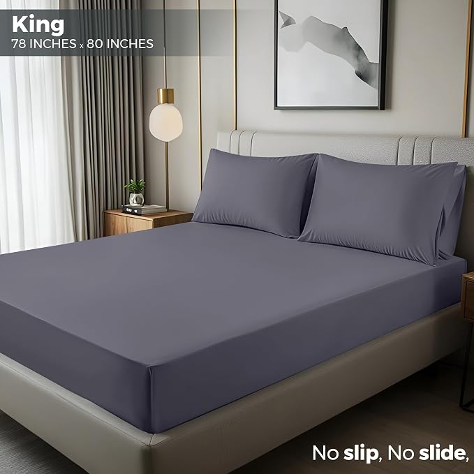 Pack of 2 King Fitted Sheet, Fits Up to 16 Inch Deep Pocket, Grey | Hotel Comfort, Cooling & Breathable Cotton like Polyester, Easy Fit, Wrinkle & Fade Resistant, Snug Fit, Easy Care, Oeko-Tex