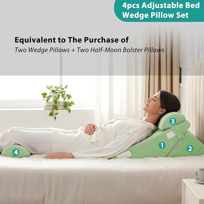 Adjustable 4pcs Bed Wedge Pillow Set, Memory Foam Wedges Pillow Post Surgery for Back, Neck, Leg Pain Relief, Pillows Wedge for Sleeping, Sitting up in Bed, Acid Reflux and GERD, Green