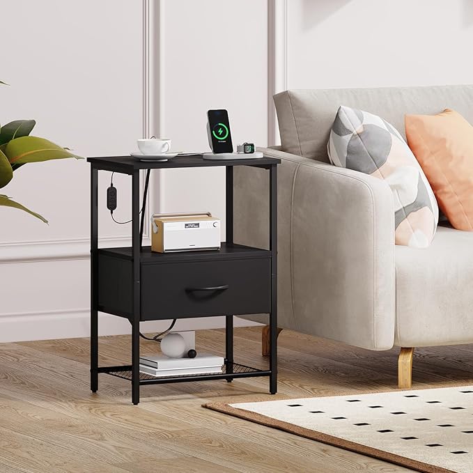 Somdot Nightstand with Charging Station & LED Light, Bedroom Bedside Table | Dorm, Guest Room, Kids Room, Laundry, Closet, Entryway and Hallway, Black