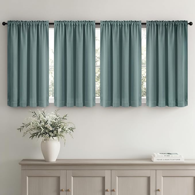 MIULEE 4-Panel 36 Inch Blackout Kitchen Tier Curtains Over Sink Dusty Blue | Privacy Protection, Heat/Light Blocking, Cafe Curtains, Top&Bottom Rod Pocket, Suitable for Small Windows, Soft&Durable