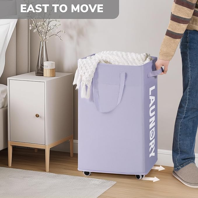 Goodpcik 75L Rolling Laundry Hamper with Wheels, Laundry Hamper for Dorm | Laundry Basket with Handles for Dirty Clothes, Hamper for Laundry Room, Dorm Room Essentials, Light Purple