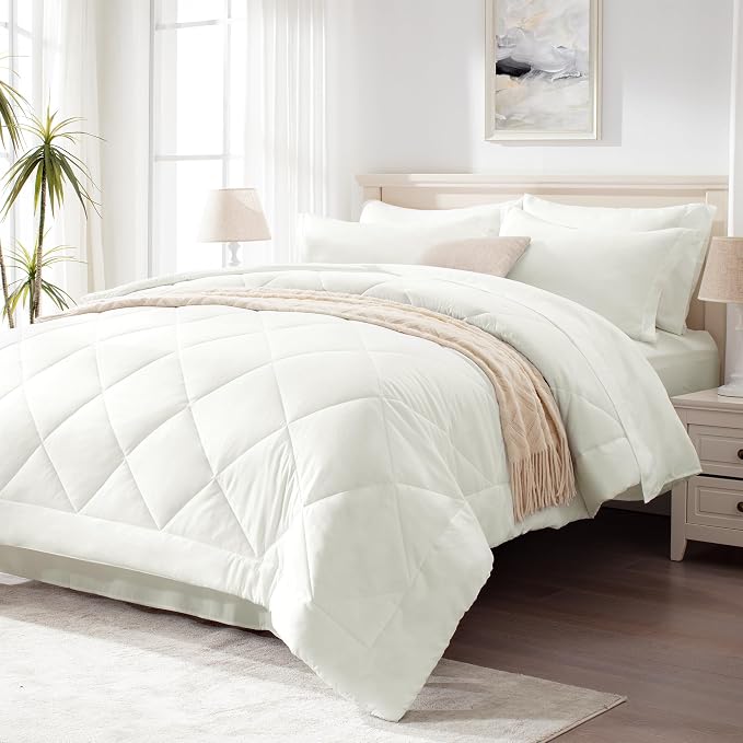 Love's cabin Oversized Queen Comforter Set, 7 Pieces Bed in a Bag, All Season Bedding Sets with 1 Comforter, 1 Flat Sheet, 1 Fitted Sheet, 2 Pillowcase and 2 Pillow Sham, Ivory