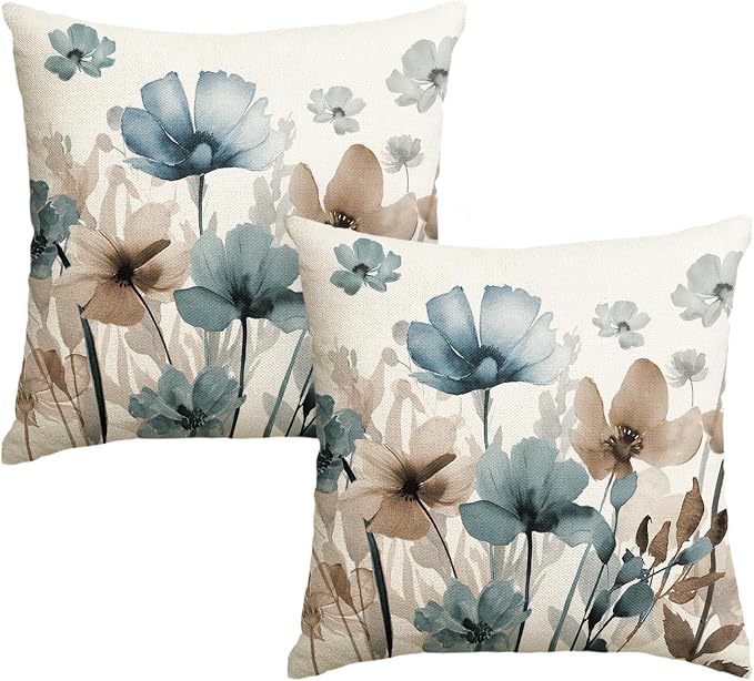 AVOIN colorlife Poppy Flowers Blue Brown Pillow Covers 18x18 Inch Set of 2 | Chinoiserie Seasonal Fall Leaves Cushion Case Decoration for Sofa Couch