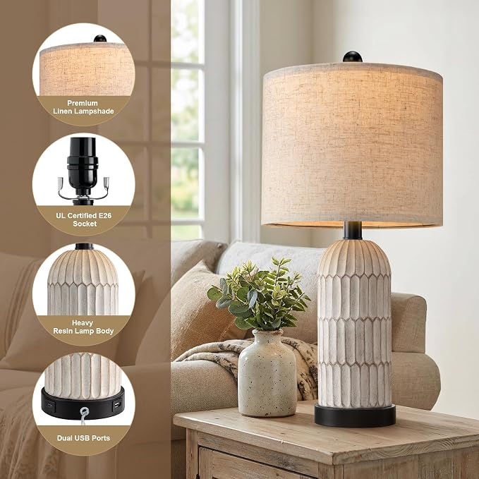 OYEARS 22.5" Bedside Table Lamps Set of 2, Farmhouse Table Lamp with USB A+C Charging Ports,Vintage Nightstand Lamp for Bedrooms and Living Rooms, Retro Resin End Table Lamp with Linen Shade, Black