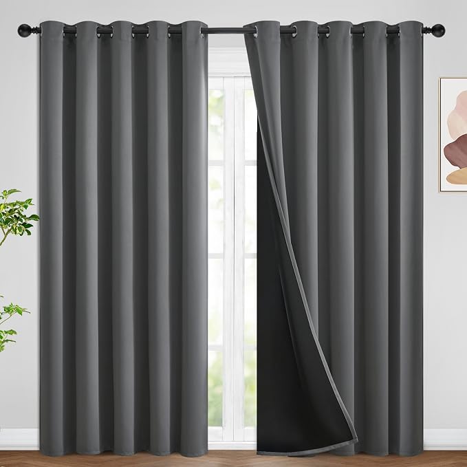 SimpleHome Grey 100% Blackout Curtains Room Darkening Living Room 84 Inch | Curtains for Bedroom,Thermal Insulated Grommet Window Drapes,Curtains for Living Room with Black Back,62 x 84 Inch,2 Panels