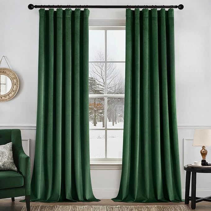 MIULEE Velvet Curtains 50W x 90L 2 Panels Hunter Green Blackout Curtains | Luxury velvet fabric, pinch pleat design, back tab hooks, thermal insulated, blackout light blocking, for living room bedroom