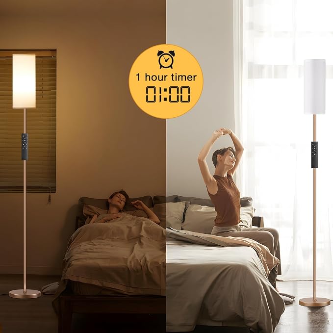 64'' Floor Lamps for Living Room with Remote Control and Stepless Dimmable Colors Temperature & Brightness, 9W Bulb Included(White Lampshade & Brown Pole)