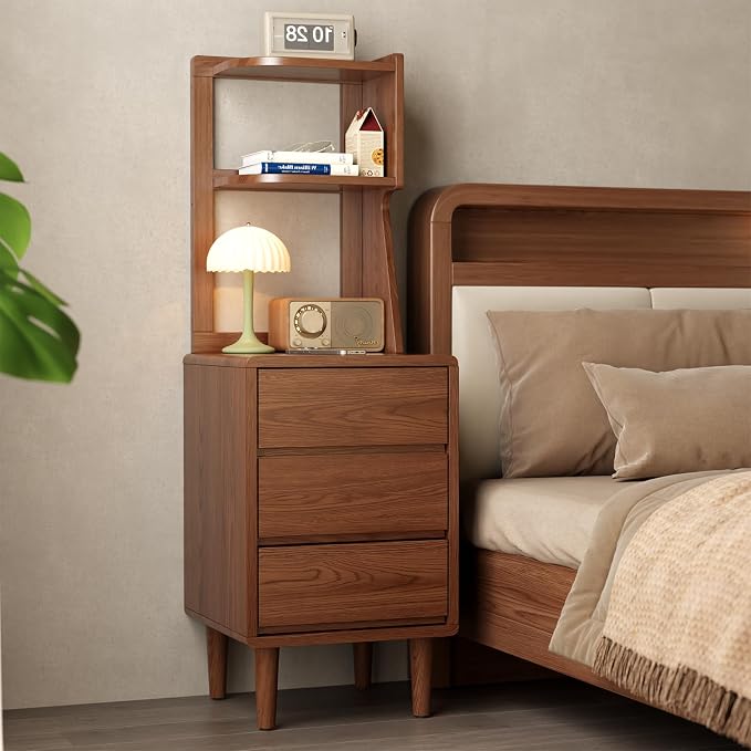 Solid Wood Bookshelf Nightstand Combo, Tall Nightstand with Bookshelf | Walnut Nightstand Bookshelf,Narrow Nightstand with Drawers,Open Shelf Bookcase,for Bedroom,Living Room,Offices
