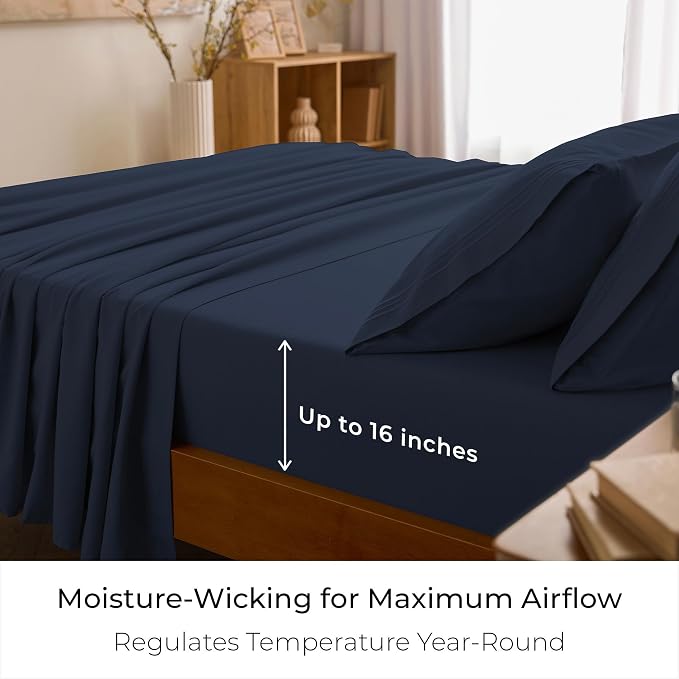 Mellanni Iconic 4-Piece, Ultra Soft Sheet Set (Queen, Navy Blue) | 10M+ Sleepers. Lab-tested: Sleeps Cool, Stays Bright, Strong, Smooth. Good Housekeeping Best Bedding, 7 yrs running.