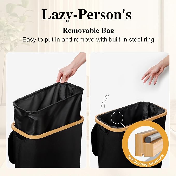 Foluck Slim Laundry Hamper, 60L Waterproof Narrow Laundry Basket with Lid and Removable Bag, Collapsible Tall Clothes Hamper with Bamboo Handles for Clothes Toys in Dorm Bedroom Bathroom, Black